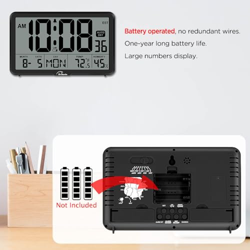 Image of WallarGe Digital Wall Clock, Autoset Desk Clocks with Temperature, Humidity and Date, Battery Operated Digital Wall Clock Large Display, 8 Time Zone, Auto DST. (Black)