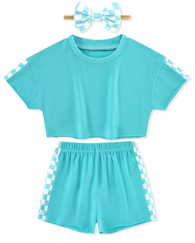 Image of SANMIO Toddler Girl Clothes Summer 3 Piece Outfits Cute | Short Sleeves Checkered Tops Shorts and Headband Girls Clothing Set