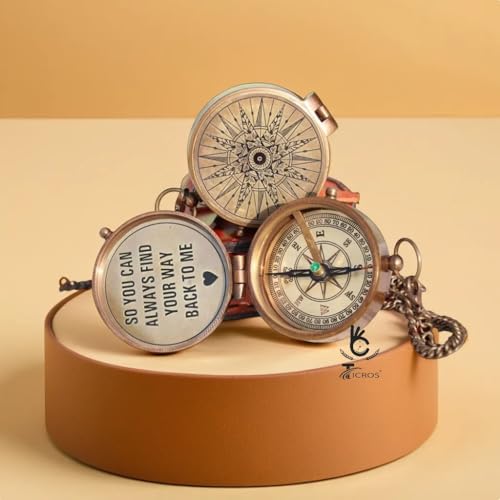 Brújula vintage de latón con cita grabada – “Para que siempre puedas encontrar tu camino de regreso a mí” – Brújula náutica antigua con estuche de cuero miniatura 5