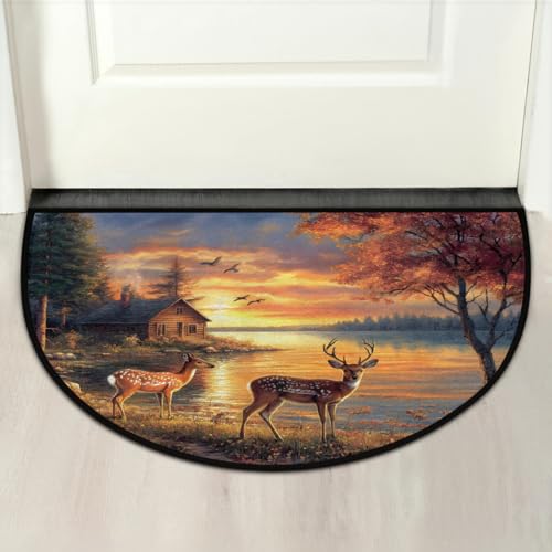 Image of cfpolar Half Round Door Mat Animals Forest Deer Autumn Non-Slip Semi Circle Area Rug Washable Half Moon Hearth Rugs for Indoor Outdoor Bathroom Kitche