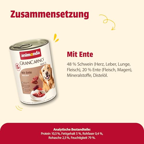animonda GranCarno Hunde Nassfutter mit Ente (6 x 400g), getreidefreies Hundenassfutter ohne Zucker, für ausgewachsene Hunde, mit frischen fleischigen Zutaten