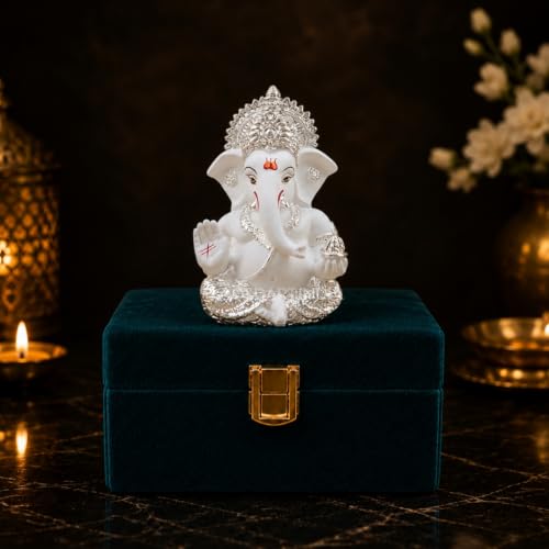 Image of Gold Art India Ganesha Idol 999 Silver Plated White Finish Lord Ganesh Murti for Home Decor, Car Dashboard, Mandir & Office | Premium Ganesh Statue for Diwali, Wedding & Spiritual Gift | 3.5 Inch