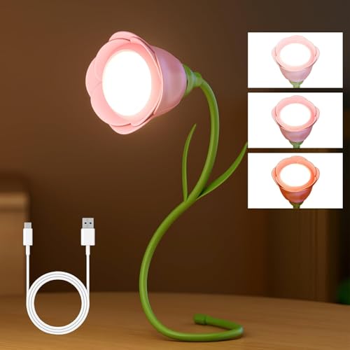Roses Book Light for Reading,Rechargeable Flower Lamp,Bendable Neck Light with 3 Color Temperatures & Stepless Dimming Brightness for Reading at Night,Pink Gifts for Mom,Mother,Women,Book Lovers Club