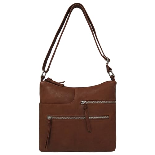 Bueno of California Antique Calf Leather Double Top Zip Shoulder, Tan