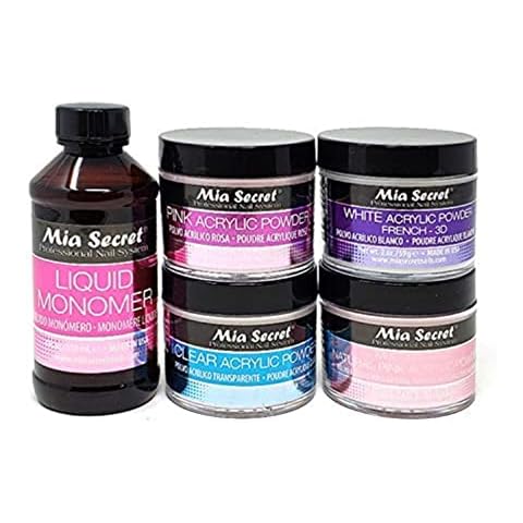 MIA SECRET 4 oz LIQUID MONOMER + Acrylic Powders Set - Pink 2 oz, Clear 2 oz, 3D White 2 oz & Multibalance Pink 2 oz Cover