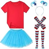 HMPRT Girls Halloween Costumes Outfits Accessories Red Shirts Blue Tutu Skirt Headband Gloves Socks,10