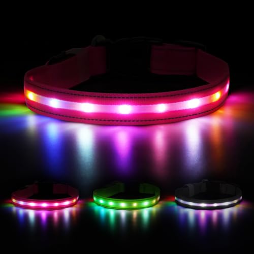 Feycig Collar luminoso para perro recargable, collar de perro LED luminoso, USB, resistente al agua, ajustable, 3 modos, collar luminoso para perros pequeños, medianos y grandes (rosa, M (38-50 cm)