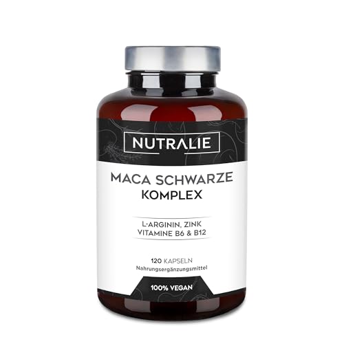 Maca Kapseln Hochdosiert - 32000 mg - Maca Root Schwarz + L-Arginin + Zink + Vitaminen B6 & B12 - Black Maca Pulver 120 Laborgeprüfte Vegan Kapseln - Nutralie Maca Kapseln Hochdosiert - 32000 mg - Maca Root Schwarz + L-Arginin + Zink + Vitaminen B6 & B12 - Black Maca Pulver 120 Laborgeprüfte Vegan Kapseln - Nutralie