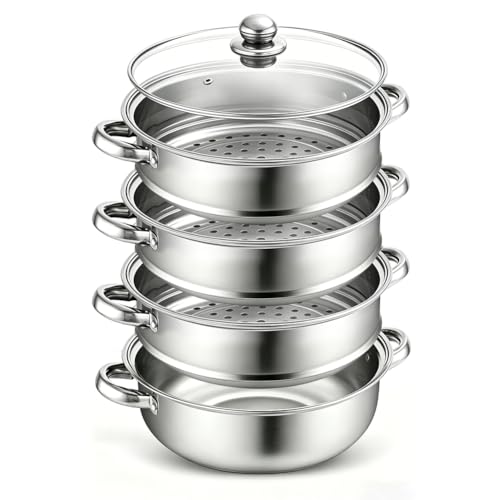 Dampfgarer Topf mit Dämpfeinsatz 28 cm Edelstahl-Dampfgarer Steamer Pot Dampfkocher 3/4-stöckig für alle Herdarten