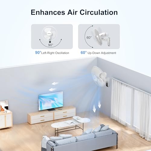 Xcity 16 Inch Wall Mounted Fan with Remote Control, 3 Speeds, 3 Modes, Timer, 90° Oscillating & 60° Adjustable Tilt, High Velocity, Quiet, Space Saving & Powerful Fan for Home, Bedroom, Office - Thumbnail 5