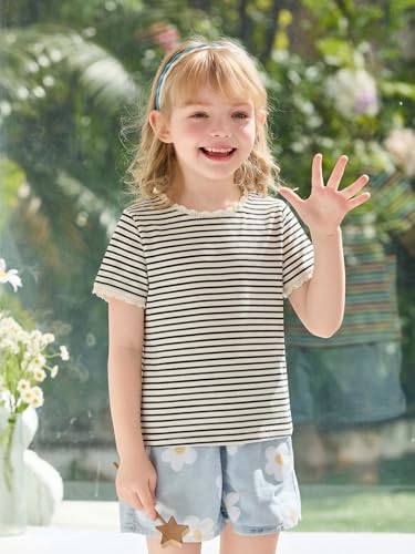 Haloumoning Toddler Baby Girls Striped Short Sleeve T-Shirts Kids Ribbed Knit Ruffle Trim Tops Tees Blouse 9M-8Y Apricot