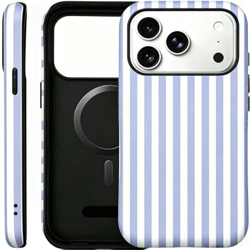 Image of for iPhone 17Pro Case Cute Phone Case,Compatible with MagSafe,Dual Layer Shockproof Protective Phone Cover,Hard Shell + Silicone Cover,Fashion Design for Women Girls,Striped Blue