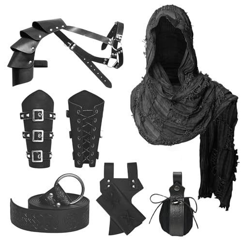 JDFAIJEAL Set di 6 accessori per cavalieri medievali da uomo, in pelle rinascimentale, sciarpa, fasciatura con fibbia, custodia in stile retrò, accessori retrò, Set nero, Taglia unica
