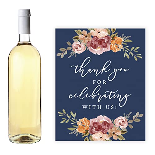 Andaz Press Navy Blue with Orange Pink Fall Watercolor Flowers Wedding Party Collection, Wine Bottle Label Stickers, Thanks for Celebrating with Us, Floral Bouquet Graphic Design, 20-Pack