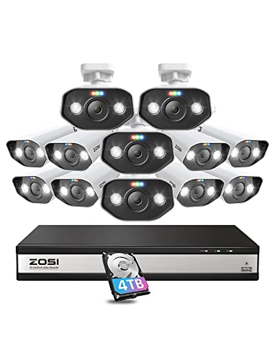 Image of ZOSI 16CH 4K PoE Security Camera System with 4TB HDD, 12 x 5MP Outdoor Cams | Person /Vehicle Detection, 2 Way Audio, Color Night Vision, Spotlight Siren, H.265+ 16 Channel 8MP NVR, for 24-7 Recording