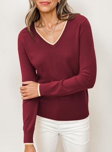 Image of Dokotoo Womens Sweaters Dressy Casual V Neck Lightweight Wool Tops | Long Sleeve,Fall Clothes,Ribbed Hem,Warm,comfort, Casual Knit Pullover