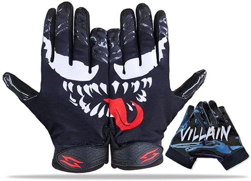 Villian Football Receiver Gloves Elite Sticky Tacky Pro Grip Super Palms Boost Your Battle Game, Be a Villain Joker Sizes Adult Men Youth (Youth - Large)