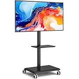 Rfiver Rolling TV Stand with Shelf for 32 to 55 60 Inch TVs up to 88lbs, Height Adjustable Mobile TV Stand with Wood Base, Space-Saving Design TV Cart Floor Stands for Living Room, Bedroom, Corner