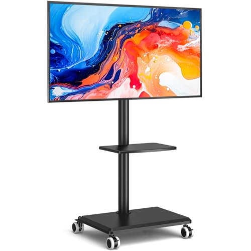 Rfiver Rolling TV Stand with Shelf for 32 to 55 60 Inch TVs up to 88lbs, Height Adjustable Mobile TV Stand with Wood Base, Space-Saving Design TV Cart Floor Stands for Living Room, Bedroom, Corner