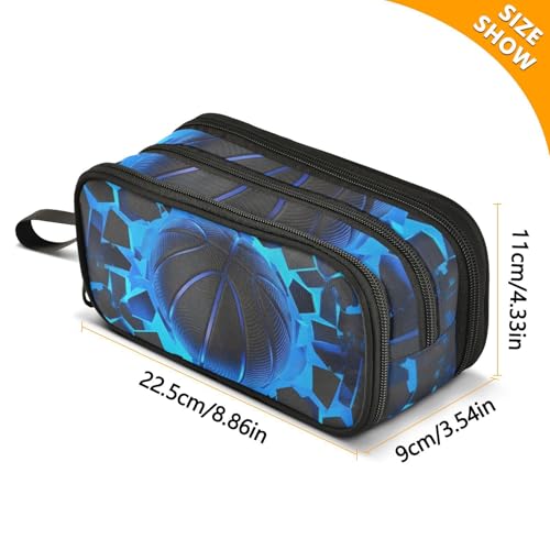Image of 3d Basketball Blue Lighting Pencil Case Box Boys Girls Large Pencil Pouch with Zipper Compartments Big Capacity Stationery Pen Bag Organizer for Kids Teens Adults School