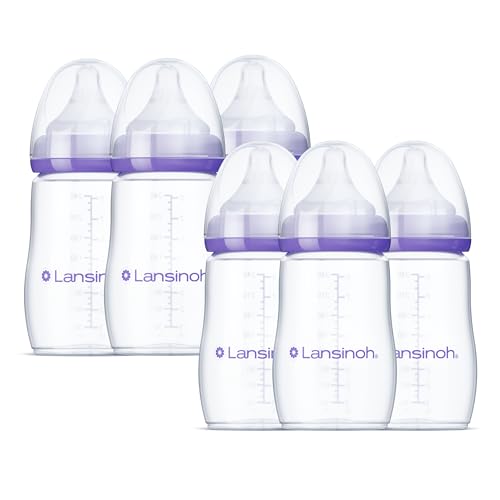 Image of Lansinoh Anti-Colic Baby Bottles for Breastfeeding Babies, 8 Ounces, 6 Count, Includes 6 Medium Flow Nipples, Size M