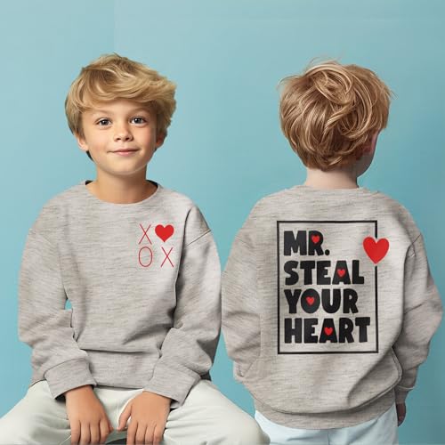 MODNTOGA Toddler Baby Boy Valentines Sweatshirt Mr Steal Your Heart Graphic Shirt Long Sleeve Funny Letter Pullover Tops2