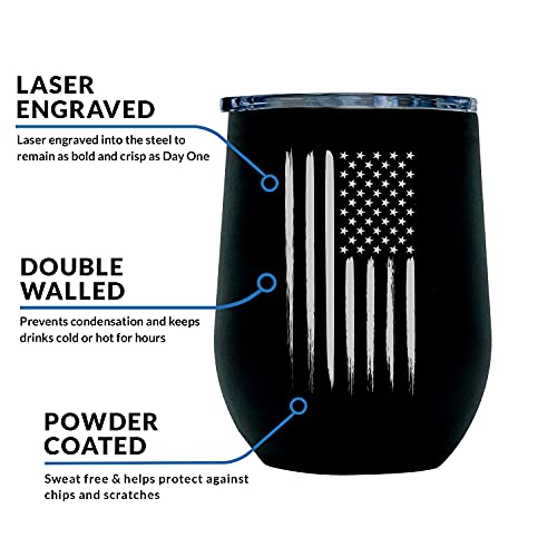 Military Gift Shop Outdoor American Flag Vacuum Insulated Wine Tumbler With Lid, Stainless Steel Glass 12Oz - Double Wall Stemless Metal Cup – Matte Black Colored With Laser Engraved Usa Flag #TOP2