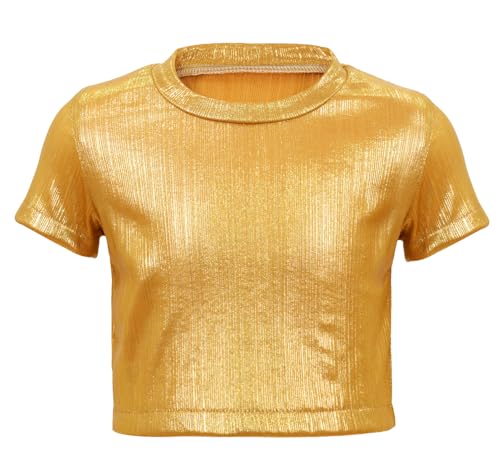 2025 Shiny Metallic Crop Top Kids Short Sleeve Dance T Shirt Casual Concert Sequin Tee Party
