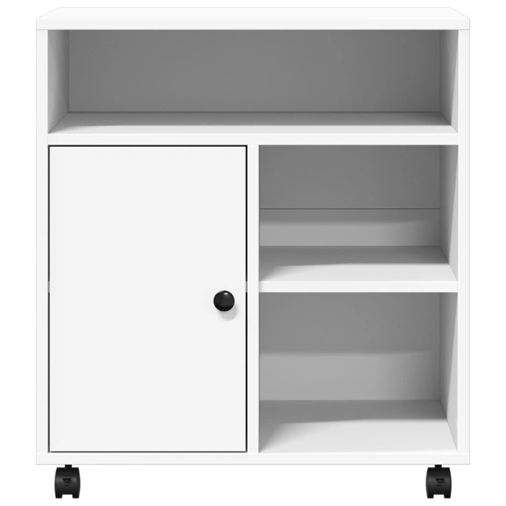 Générique Supporto per stampante bianco con ruote bloccabili, mobile in legno di ingegneria, 60 x 50 x 67 cm, organizer da scrivania con ripiano e contenitore per forniture e libreria