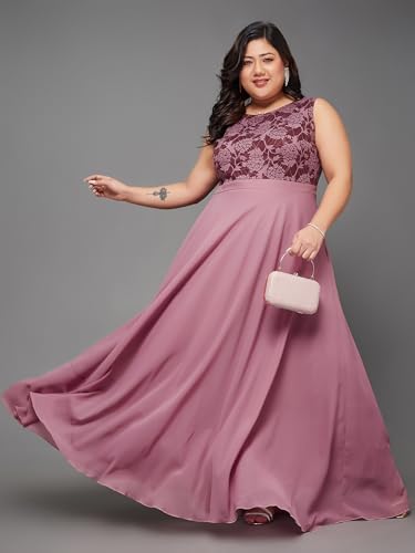 Image of Miss Chase A+ Women's Round Neck Sleeveless Georgette Floral Lace Fit & Flare Maxi Dress