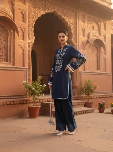 Image of Women Navy Blue Crepe Printed Kurta Set | Elegant Straight Kurta & Pant Ethnic Wear | Sizes up to 6XL