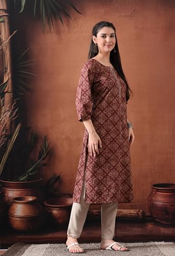 Image of Ichaa Women's Pure Cotton Embroidered Round-Neck Ethnic Kurta with 3 /4th Sleeve for Daily and Office Wear, in Plus Sizes