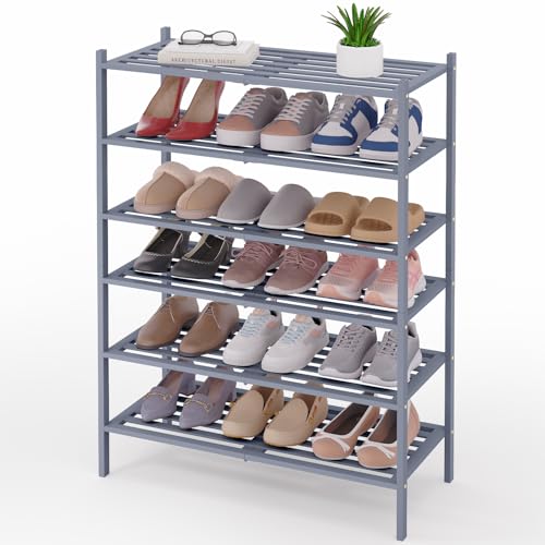 Image of Smiry Bamboo Shoe Rack, 5 Horizontal Slats, 6 Tier - 26.8 inch Wide, Grey