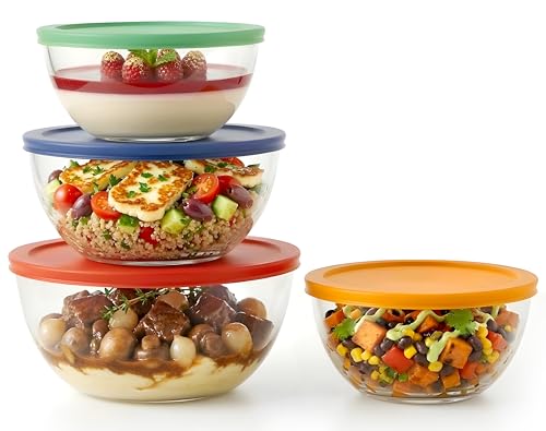NutriChef set de 4 boles, Ensaladeras de cristal con tapa hermética, Apilables, Aptos para microondas, Horno, Lavavajillas y congelador, 4 tamaños
