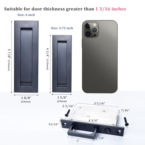 Image of Dontay Sliding Pocket Door Handles, 304 Stainless Steel Non Locking Pocket Door Hardware, Recessed Flush Finger Pulls, Heavy Duty Edge Pull with Pop Out Ring Pull (Matte Black (1 Set), 6 Inch)