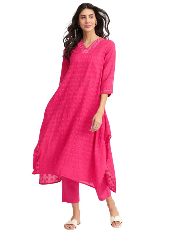 Cotton Jacquard Asymmetric Kurta Set - Pink-image-22