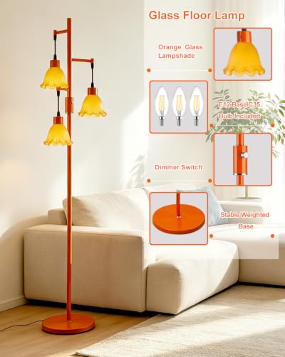 Image of Lightdot Glass Floor Lamps for Living Room, 3-Light Dimmable Floor Lamp with Orange Glass Shade& E12 Bulbs Included, Mid Century Standing Tall Lamp with 5Lbs Heavy Base for Bedroom /Sofa Beside