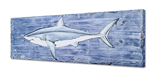 SYGALLERIER Coastal Canvas Wall Art with Hand Painted Textured Modern Abstract Fish Paintings in Blue and White Color Contemporary Shark Pictures for Living Room Bedroom Bathroom Decor