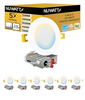 NUWATT 6 Pack, 6 Inch Ultra-Thin LED Recessed Lighting, CCT 2700K/3000K/3500K/4000K/5000K Selectable, 1050LM, 15W, Dimmable, IC Rated, Wet Rated, White Trim Canless Slim Wafer Light with Junction Box