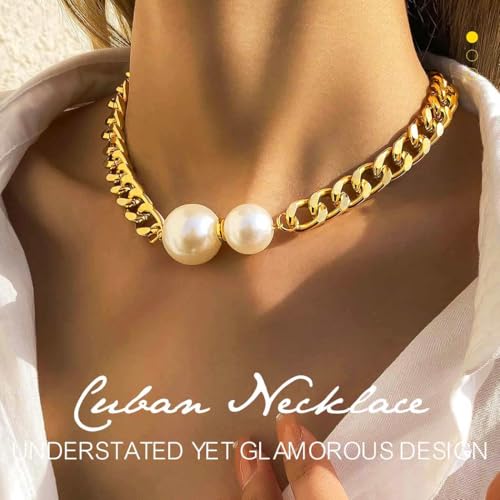 TWINKLEDE Gold Pearl Choker Necklace Chunky Cuban Link Necklaces for Women3