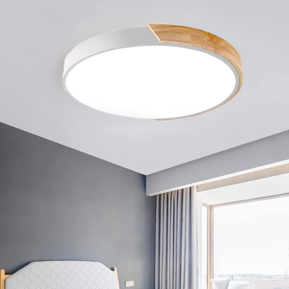 Lampa sufitowa LED 12 cali, nowoczesny styl, drewniana, podtynkowa, ściemniana, biała, 24 W, do salonu lub sypialni.