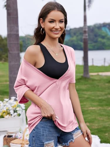 Image of UNCLECAT Womens Deep V Neck T Shirts Summer Oversized Short Sleeve Tops | V Neck, Sexy, Solid, Loose Fit, Casual, Trendy, Going Out, Daily Wear, Workout