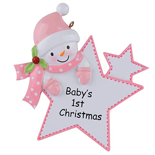 MAXORA Baby's First Christmas Ornament 2026 | Personalized Pink Baby Star with Hat Brim Name, Winter Snowman Tree Decor – Newborn Daughter Granddaughter Gift
