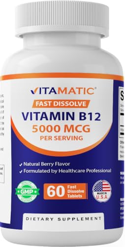 Vitamatic Vitamin B12 5000 mcg 60 Fast Dissolve Tablets Berry Flavor Supports Energy Production & Nervous System Health Non-GMO Gluten-Free