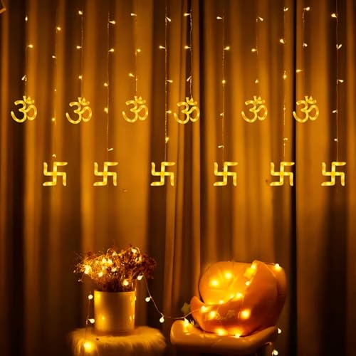 Image of HashWOW Om Swastik Curtain String Lights - 12 Hanging Symbols with 8 Flashing Modes, Warm White Decorative LEDs for Diwali & Festive Decor