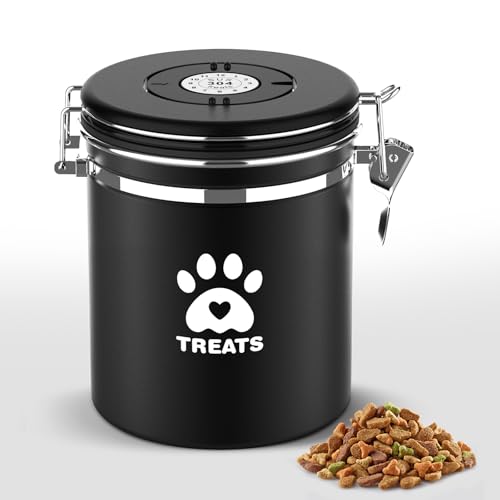 ENONCI Dog Treat Container Airtight 5.9x4.7 Stainless Steel Cat Treat Jar for Kitchen Counter with Scoop Pet Storage for Fresh Dog Cookie