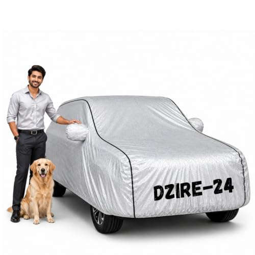 Image of Waterproof Car Cover for Dzire 2017-24 | Soft Cotton Lining Heavy Duty Triple Stitched Heat Resistant Outdoor Cover Comes with Mirror and Antenna Pocket Full Bottom Elastic (Zig Zag Silver)