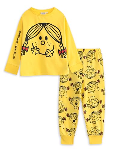 MR. MEN LITTLE MISS Pijama Amarillo de Manga Larga para Hombre y niña de Miss Sunshine de Cuello Redondo con Dibujos Animados Largos para Dormir y Fiestas