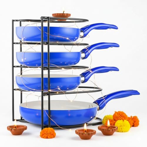 Image of Cast Iron Frying Pan Holder Organizer Rack, Pans Pot Stand Dish Rack Storage Stand for Kitchen Cabinet, Countertop, [ Without pan] (Rustic)