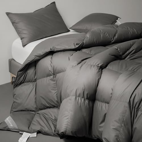 Royoliving Luxurious Down Duvet Insert Feather King Size Charcoal Grey Heavyweight Thickened 100% Organic Cotton Cover Gray Winter with Corner Tabs (106x90, 70 oz)